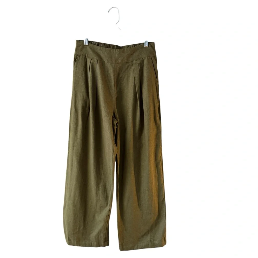 Abercrombie Linen Blend Pleated Wide Leg Pants Size M Green Neutral Minimal Work - Picture 8 of 9
